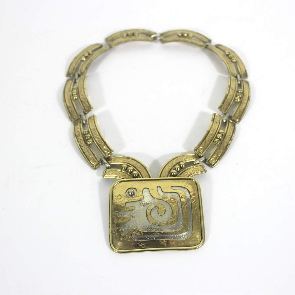 Vintage Modernist Statement Necklace IXEL Mexican Designer Gold Brass and Silver